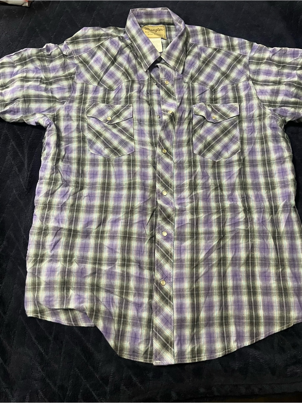 Men's Wrangler Plaid Short-Sleeve Button-Up Shirt in Purple and Green